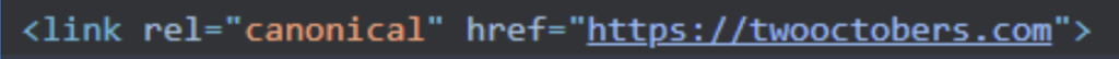 A visual example of what a canonical link looks like as HTML in the rendered DOM of a webpage